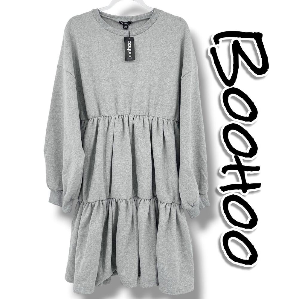 New Boohoo Plus Tiered Dress Grey Long Sleeve Sweatshirt Tiered Skirt Womens 16